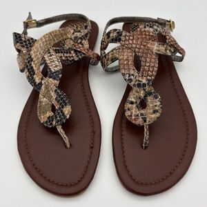 Rampage Natural Snake Bethenny Thong Flat Sandal with Buckle/Ankle Strap; Size 9